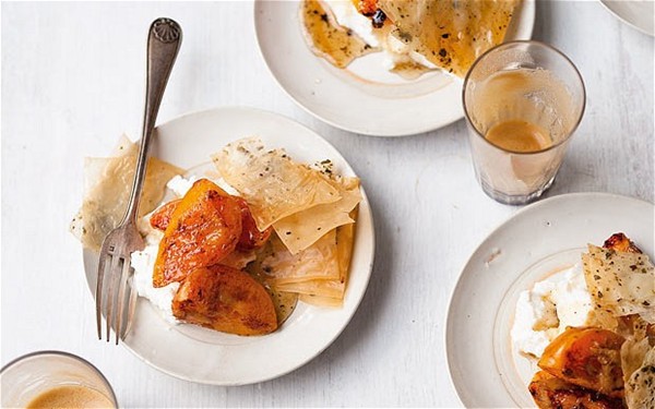 Honey and ginger roasted apricots with ricotta on green peppercorn and za'atar spiced filo