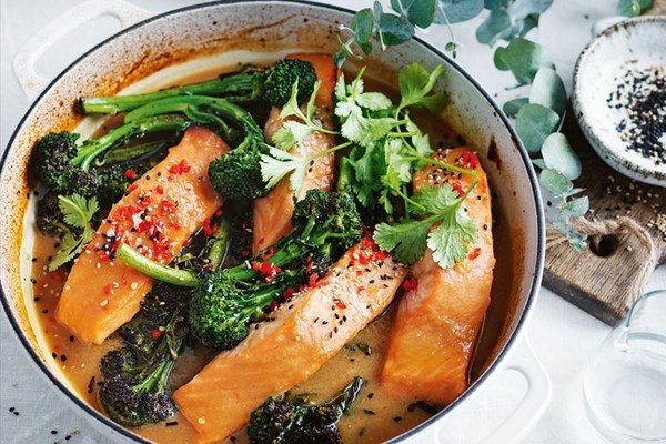 Honey and miso baked salmon, broccolini and coriander