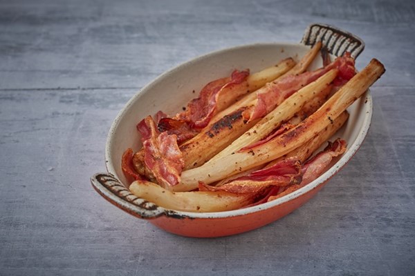 Honey and mustard-roasted salsify with bacon