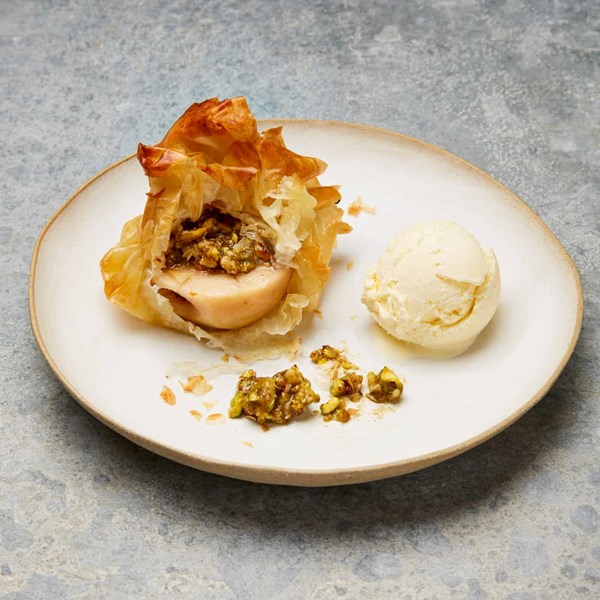 Honey and nut stuffed pears in filo pastry