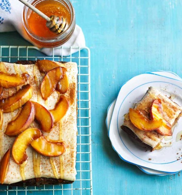 Honey and peach cake with honey crème fraîche icing