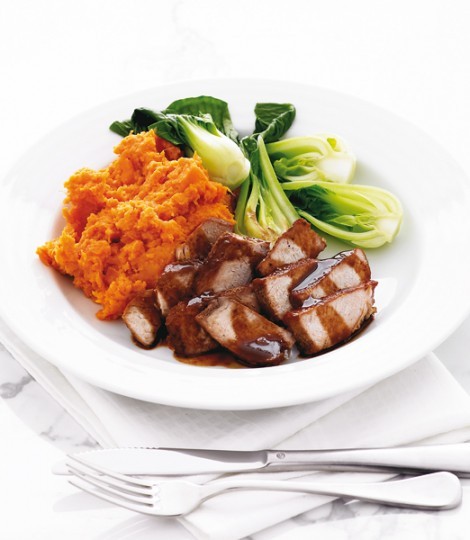 Honey and soy-glazed pork with sweet potato and ginger mash