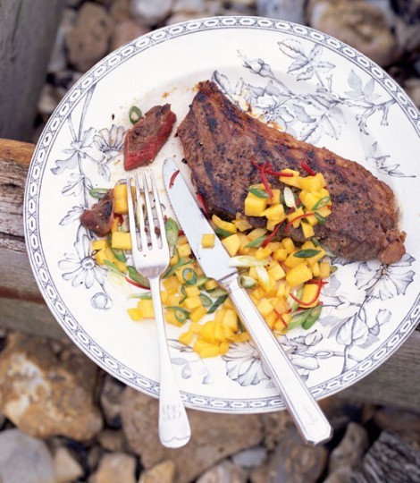 Honey-and-soy-glazed steaks with mango and chilli salsa