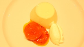 Honey and thyme panna cotta with poached dried apricots and saffron