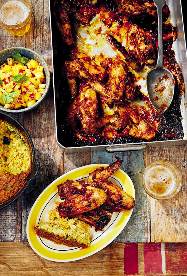 Honey-baked chicken wings and sweetcorn pudding [Andi Oliver]