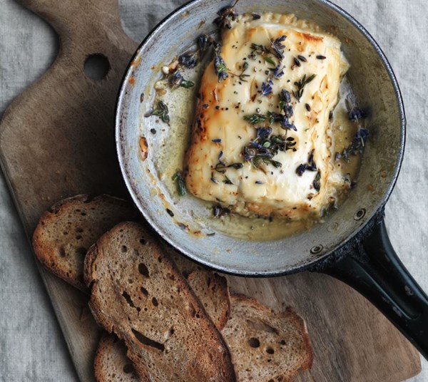 Honey-baked feta with lavender, thyme and rye crisps