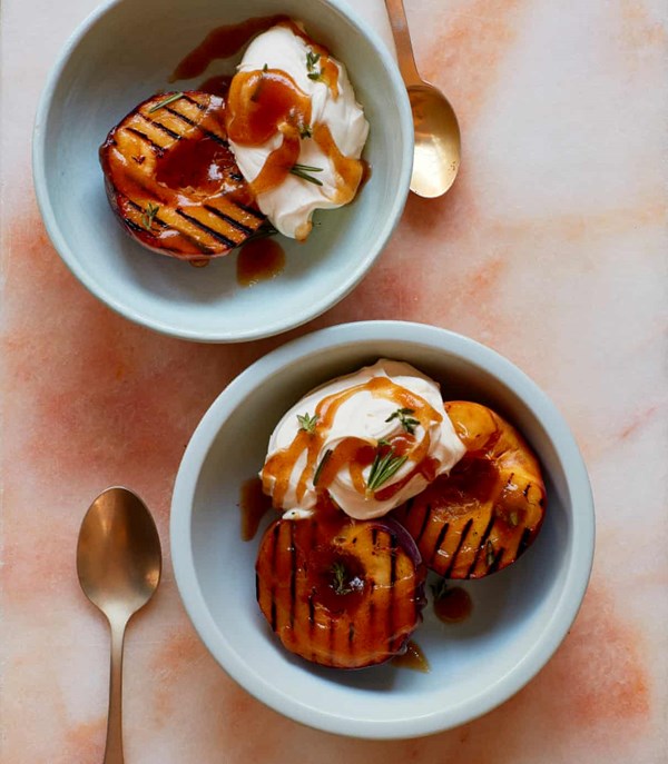 Honey-baked peaches, thyme mascarpone