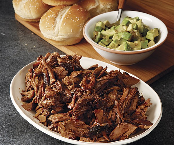 Honey-balsamic pulled pork with avocado relish