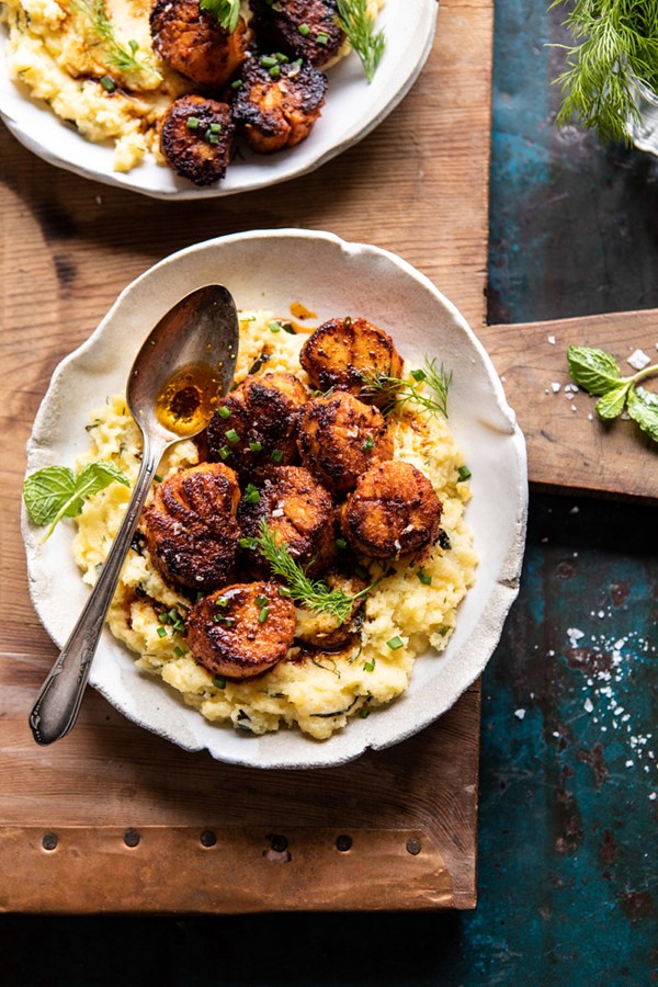 Honey butter blackened scallops with herby polenta