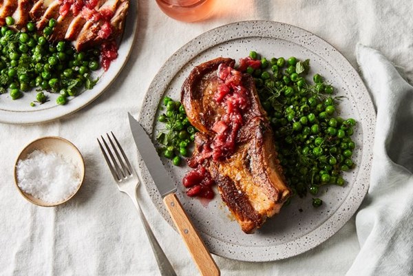 Honey-butter pork chops with rhubarb sauce & herby peas 