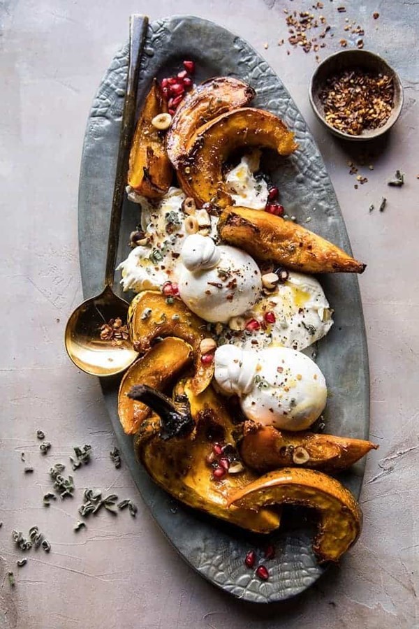 Honey butter roasted acorn with burrata and pomegranate