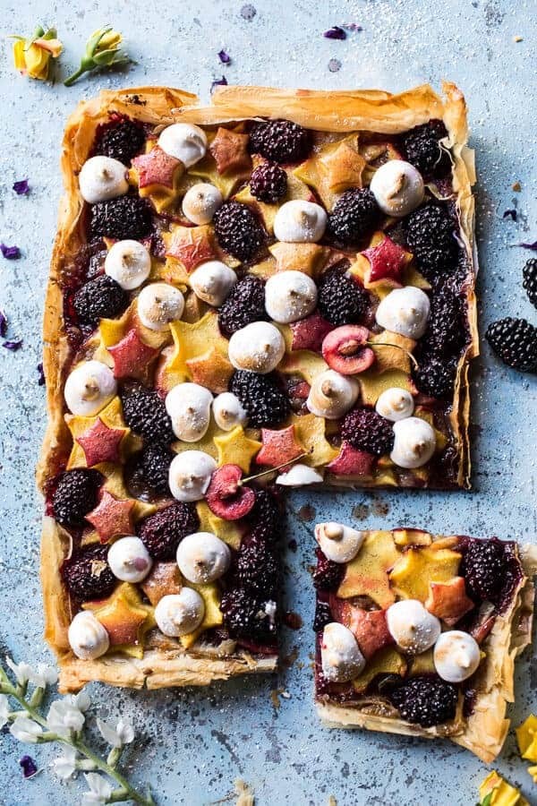 Honey butter stone fruit and blackberry meringue tart