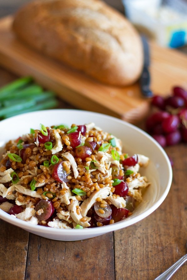Honey chicken salad with grapes and feta