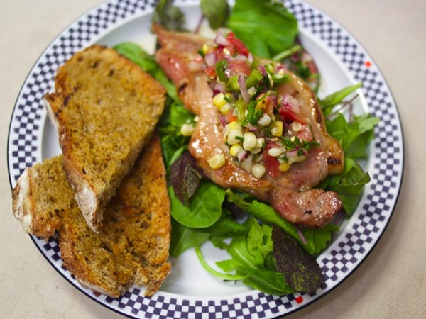 Honey-coriander glazed pork chops with roasted corn salsa