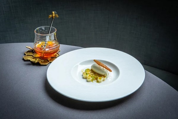 Honey crémeux and lemon curd with bergamot gel and honeycomb tuile