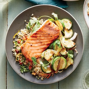 Honey-Dijon glazed salmon with flash-cooked zucchini