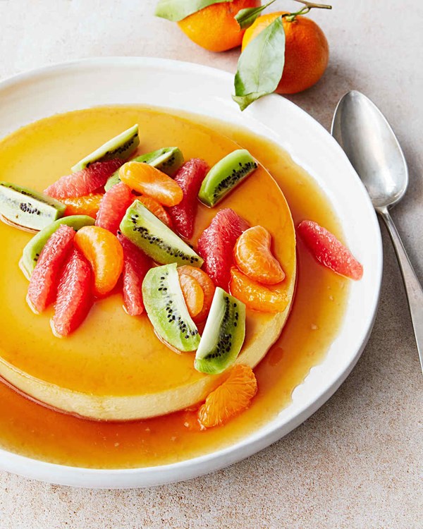 Honey flan with citrus and kiwifruit