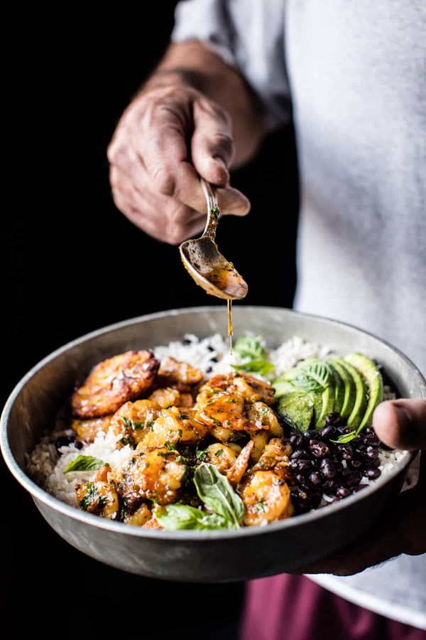Honey garlic butter shrimp in coconut milk with fried plantains