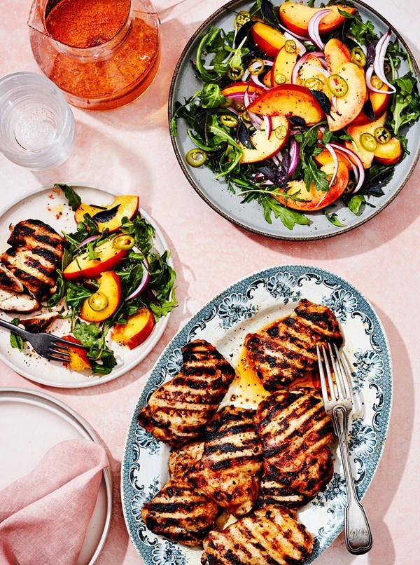 Honey-garlic grilled chicken with pickled chiles and peaches