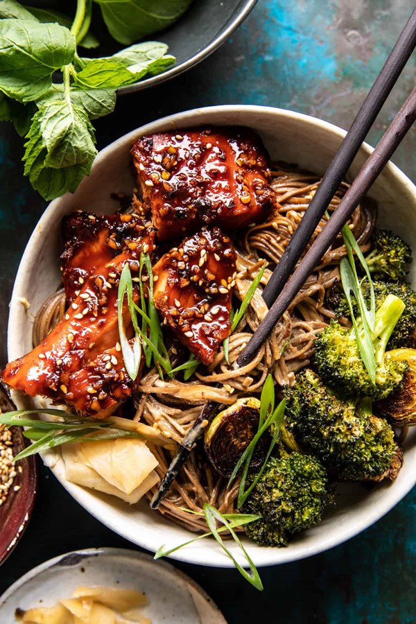 Honey garlic salmon soba noodle bowls