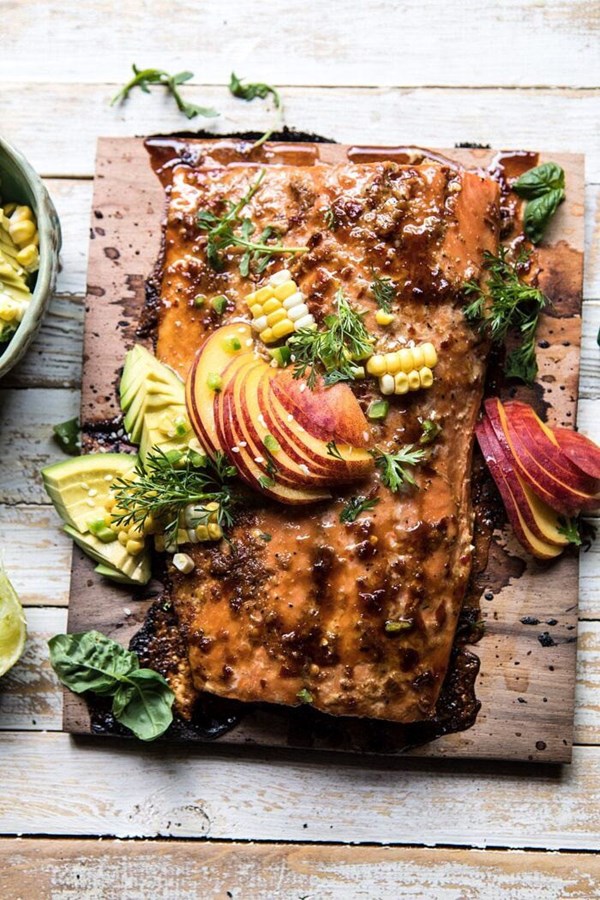 Honey ginger cedar plank grilled salmon with avocado salsa