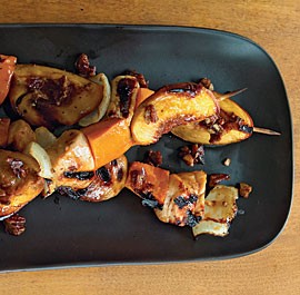 Honey-glazed chicken, sweet potato, and peach skewers