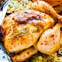 Honey-glazed chicken with peppers and goat cheese