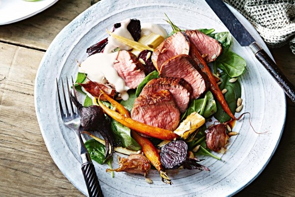 Honey-glazed lamb with smoked yoghurt and roasted root vegetables