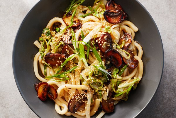 Honey-glazed mushrooms with udon [Hetty Lui McKinnon]