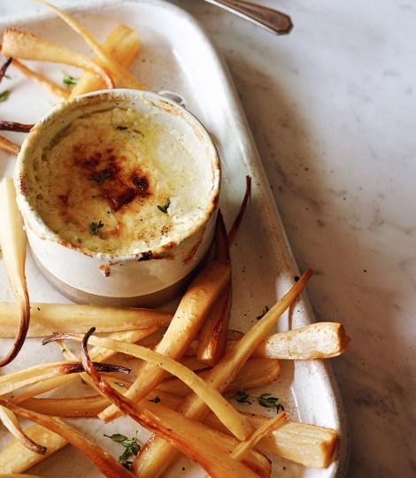 Honey glazed parsnips with baked Parmesan dip