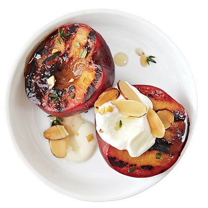 Honey-glazed plums with almonds & crème fraîche