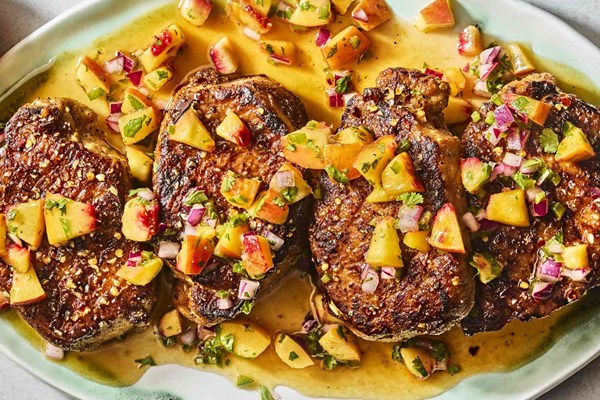 Honey-glazed pork chops with peach salsa