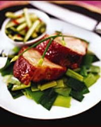 Honey-glazed pork shoulder with braised leeks
