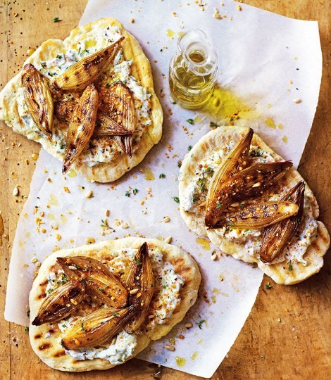 Honey glazed shallots, griddled thyme flatbreads and cucumber-chilli yogurt