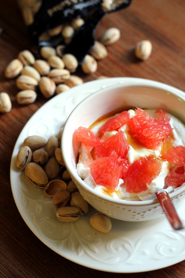 Honey grapefruit, yogurt, and pistachios