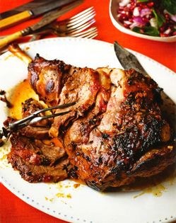Honey, grenadine and ginger roasted lamb with pomegranate and mint salad