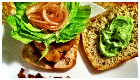 Honey habanero aioli burgers with pickled onions