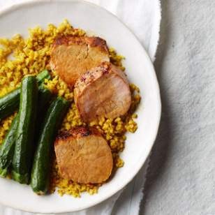 Honey-harissa pork tenderloin with saffron freekeh & zucchini