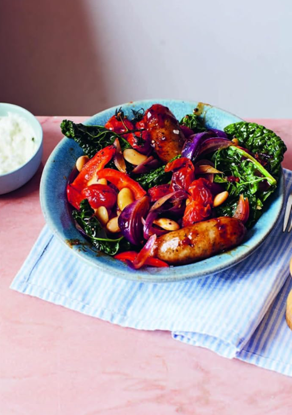 Honey harissa sausage traybake with whipped feta