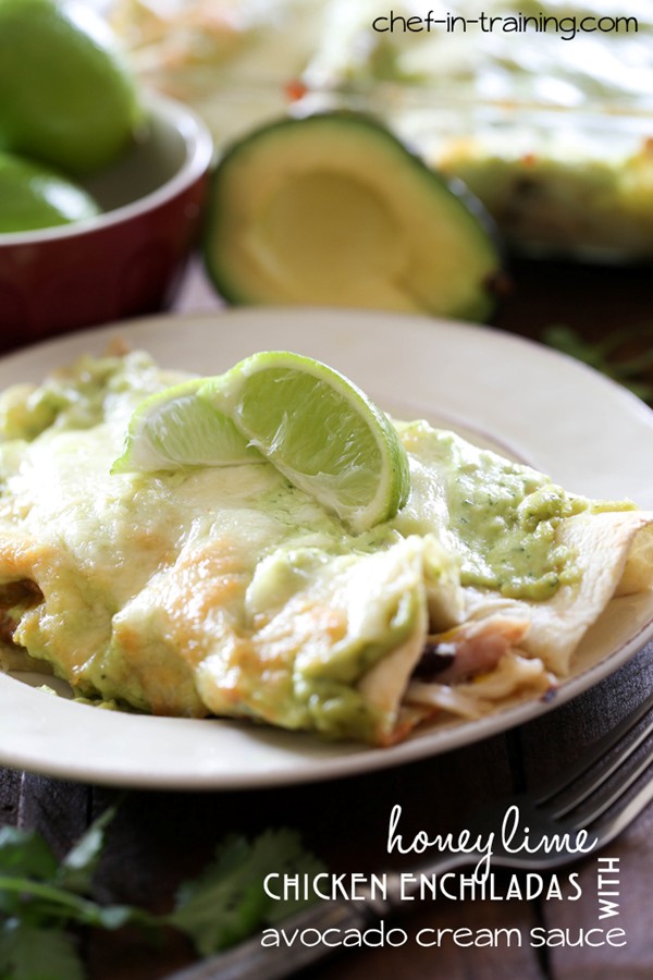Honey lime chicken enchiladas with avocado cream sauce