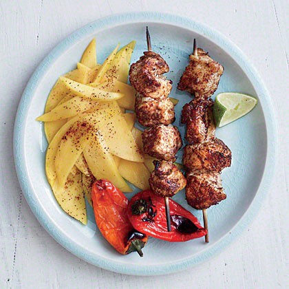 Honey-lime chicken kebabs with mango slices