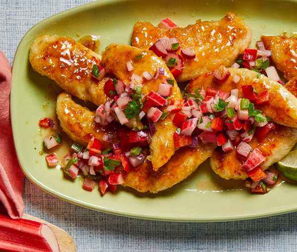 Honey-lime chicken tenders with rhubarb salsa