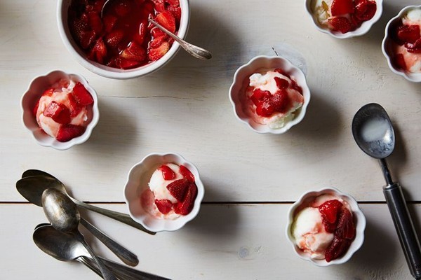 Honey-lime strawberries with lemon-buttermilk sherbet