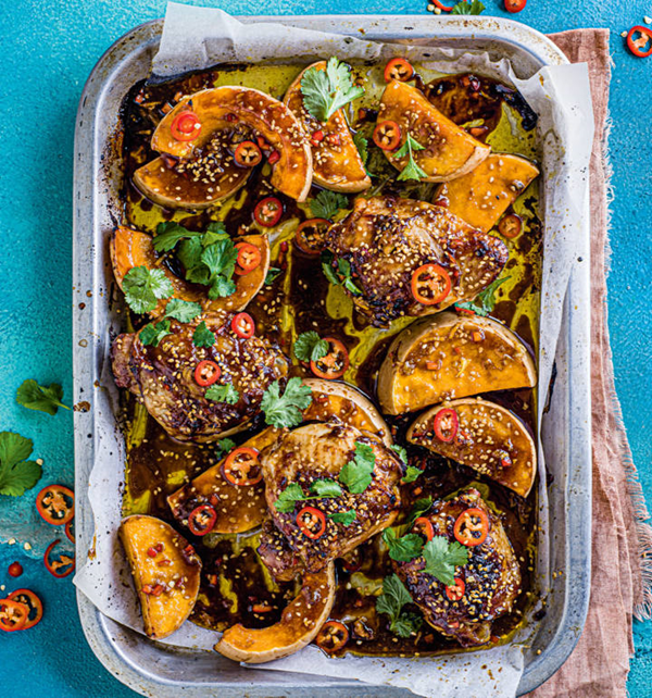 Honey-miso chicken and squash traybake [Sophie Wyburd]