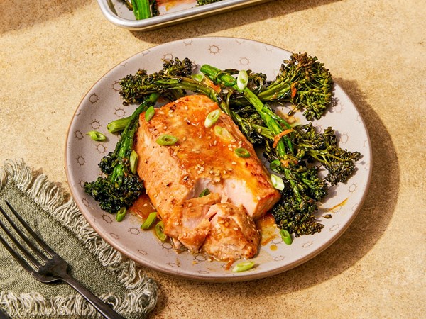 Honey-miso salmon and broccolini traybake