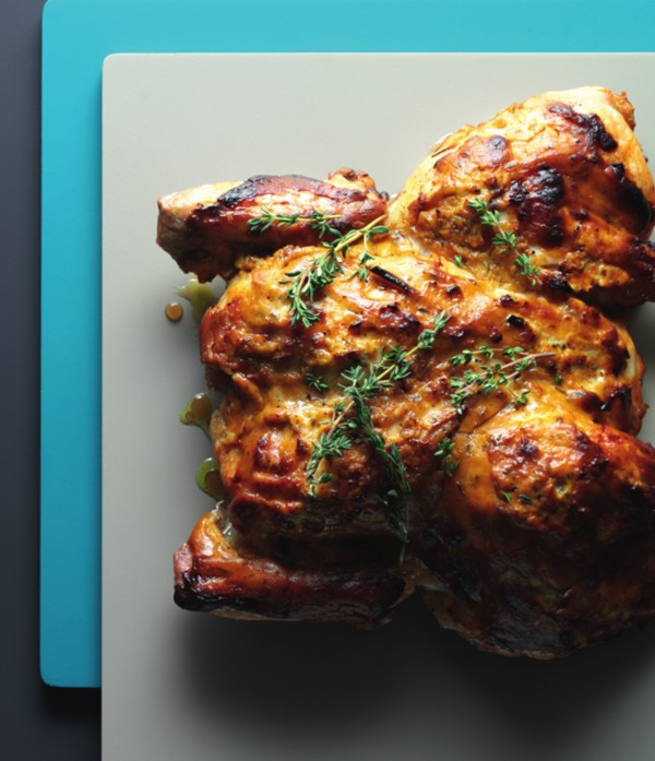 Honey, mustard and garlic spatchcock roast chicken with sweet potato