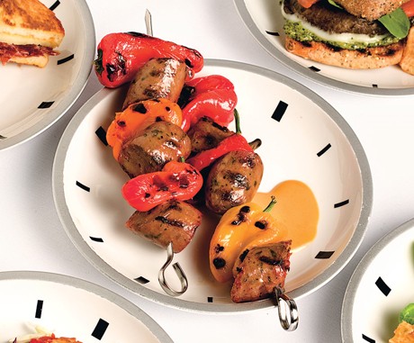 Honey-mustard chicken-sausage kebabs