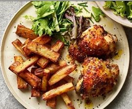 Honey mustard chicken thighs & chips