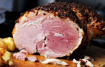 Honey mustard glazed ham studded with cloves and parsley sauce