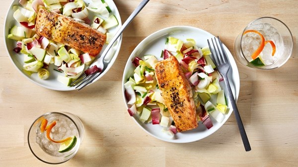 Honey-mustard glazed salmon with endive and green apple salad